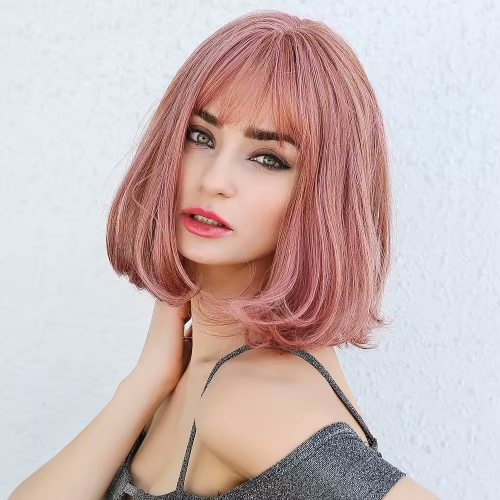 Perruque Rose courte et lisse avec franges